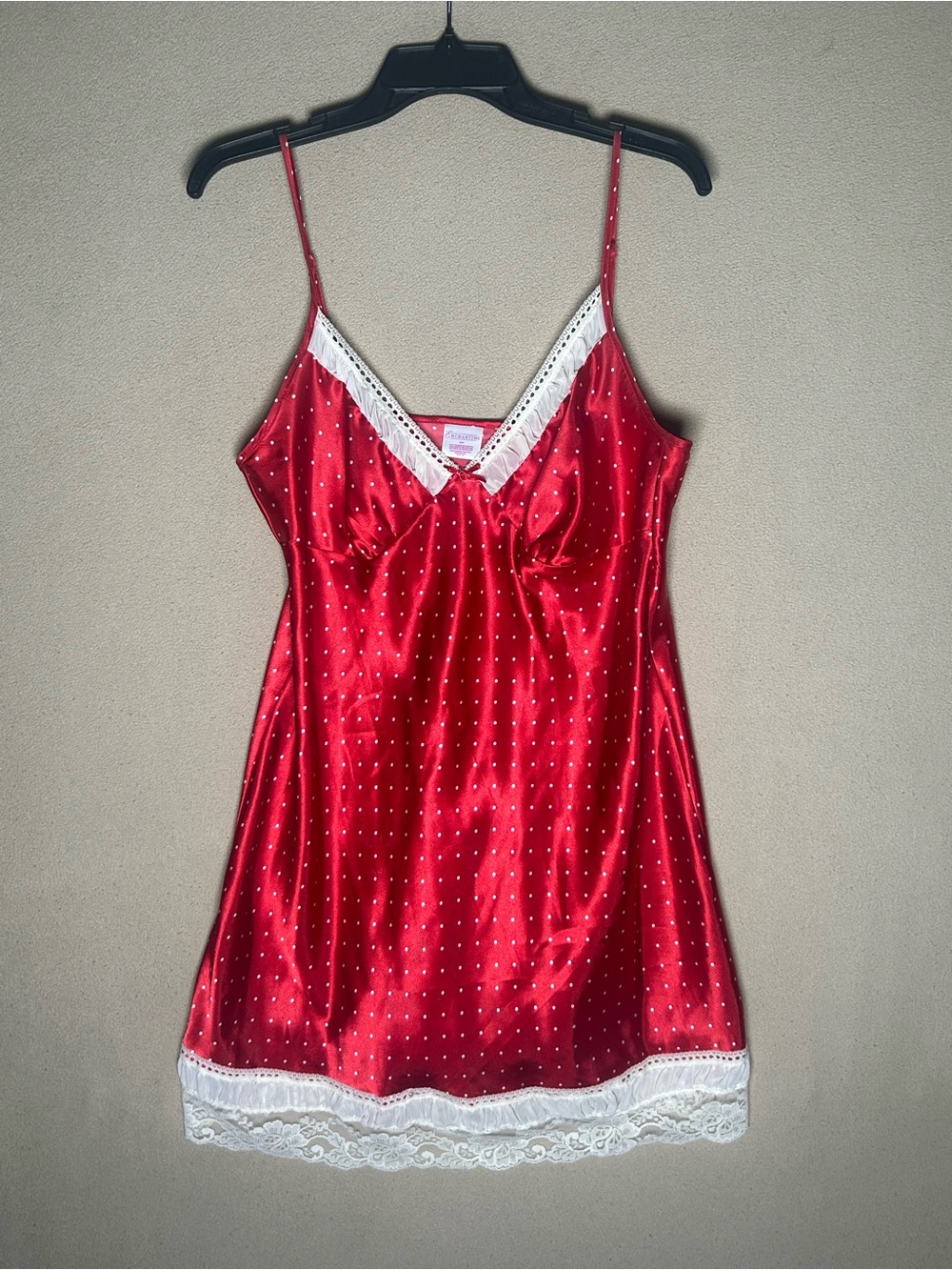 Red Satin dress White lace Trim Chemise slip dress size Medium Lace polkadot
